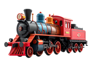 Cartoonish locomotive with detailed design, vibrant colors, and classic styling