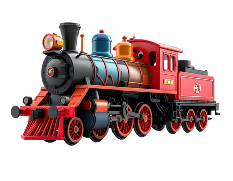 Cartoonish locomotive with detailed design, vibrant colors, and classic styling