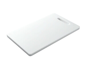 Angled shot of a rectangular, white, plastic kitchen cutting board with handle