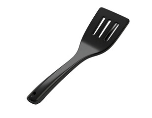 A shiny, black kitchen utensil with slots, angled against a black background