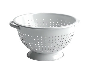 A white, round kitchen utensil with small holes, handles, and a raised base