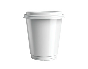 Plain white disposable coffee cup with a lid, set against a black background