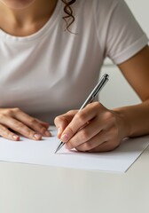 Close up of a woman hands writing on a white blank paper. Pen in hand, signing a document. Business and education concept with copy space for taking notes or working project text.
