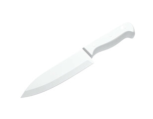 Isolated image of a chef's knife, all white, with handle, sharp blade, and tip