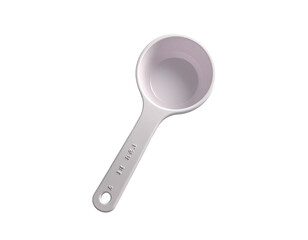 Top-down view of a single, white, measuring cup with handle, on a black background