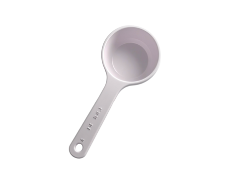 Top-down view of a single, white, measuring cup with handle, on a black background