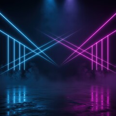 Abstract dark futuristic stage with neon laser lines and smoke on reflective wet floor. Empty showroom scene, product placement backdrop for shopping day or Super saturday sale.