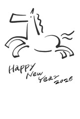 墨絵の走る馬のおしゃれな和モダン年賀状　2026レタリング・モノクロ