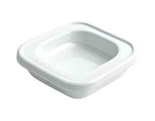 A white, square, plastic takeout container with an angled rim and shiny surface