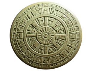 Weathered Mayan Calendar Stone with Cracks, Angled Perspective, Isolated