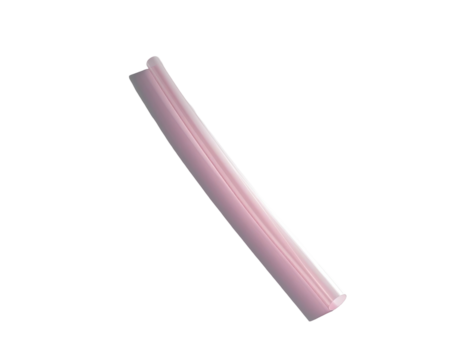 Pink, curved, cylindrical object on a black background, with smooth, glossy surface