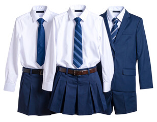 Casual Display of Three School Uniforms Hanging on Invisible Hangers, Angled View, Isolated
