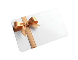 A blank white card adorned with a gold ribbon, presented as a gift