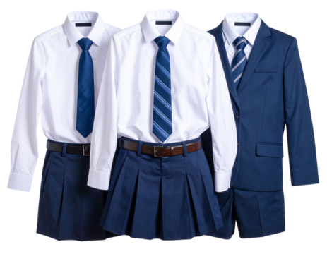 Casual Display of Three School Uniforms Hanging on Invisible Hangers, Angled View, Isolated