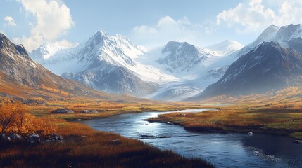 Serene mountain landscape with winding river under clear blue sky