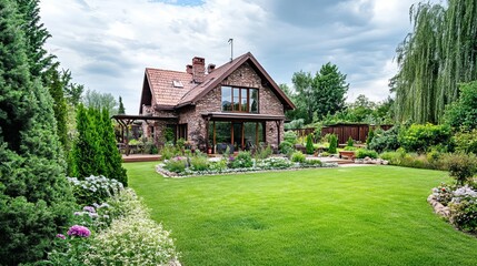 Obraz premium Charming country house with lush backyard garden and scenic landscape design