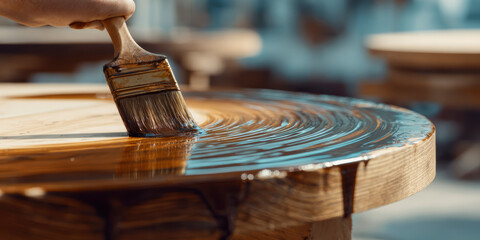 Obraz premium applying shellac over stian in wood table with a brush. AI generative.