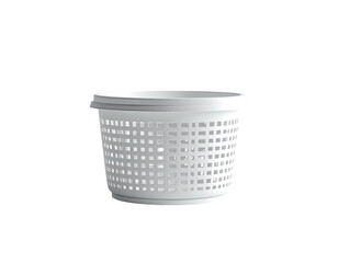 A white, plastic, perforated basket with a lip, set against a black background
