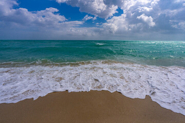 Sea waves background. Summer ocean water motion. Ocean splash wave background. Deep blue sea beach. Turquoise wave. Dreamy sea beach. Beautiful sea beach waves.