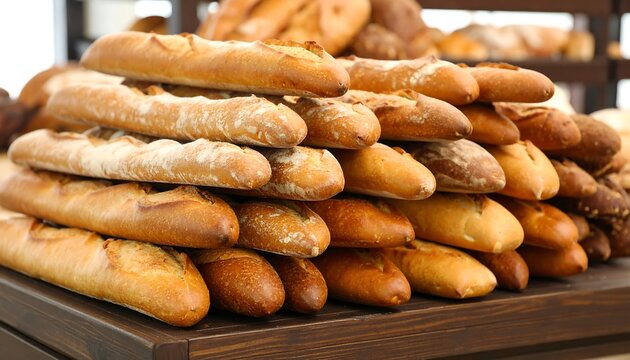 Row of baguettes stacked on a wooden bakery table!