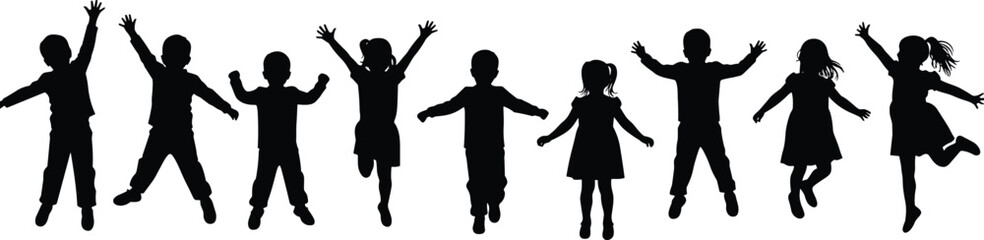 Children silhouette, jumping kids, playful movement, joyful pose, black outline, white background, celebration moment, childhood energy, dancing figures, happy children, expressive posture, fun activi