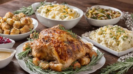 Festive Feast: A beautifully arranged spread showcasing a succulent roasted turkey surrounded by an array of classic side dishes, inviting the viewer into the warmth and bounty of a special meal.