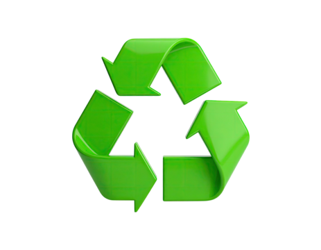 Shiny green three-arrow symbol in a triangle shape, representing recycling, on black