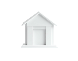 A white, simplified building illustration, front view, on a black background