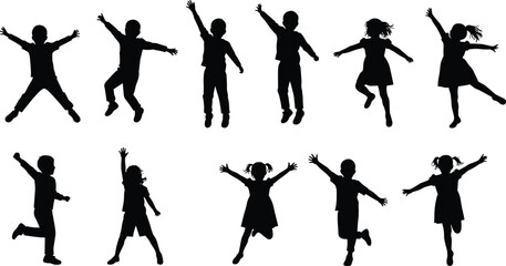 Children silhouette, jumping kids, playful movement, joyful pose, black outline, white background, celebration moment, childhood energy, dancing figures, happy children, expressive posture, fun activi