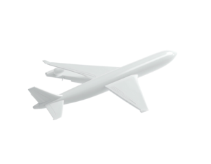 White airplane model in flight against a transparent backdrop, shadow details