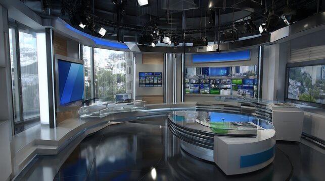 Interior of a modern television studio with multiple screens and broadcast equipment showcasing