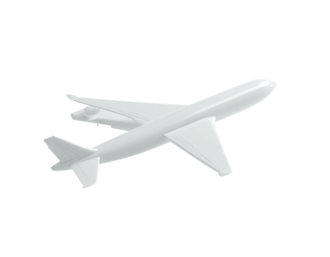 White airplane model in flight against a transparent backdrop, shadow details