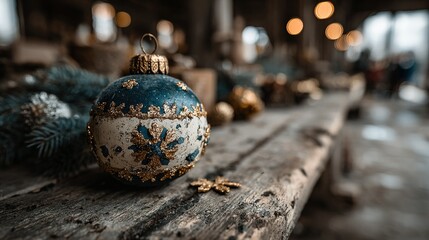 Christmas ornament on rustic wooden surface with blurred background decorations.