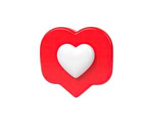 3D rendered heart icon, a red outline with a white heart in the center, black background