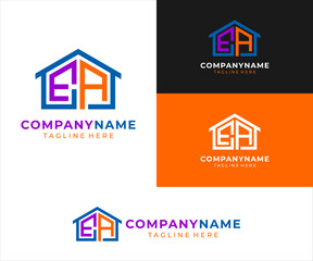 The logo design combines the letters EA and a house, using the colors blue, purple, and orange.