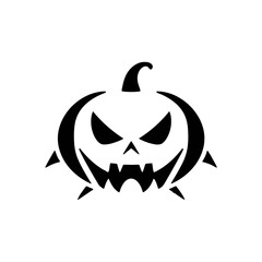 A black and white illustration of a spooky jack-o'-lantern with a menacing expression.