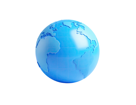 A digital 3D globe illustration with a glossy blue color set on a black background