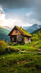 Fototapeta premium Idyllic Rustic Wooden Cabin Nestled in Mountainous Landscape