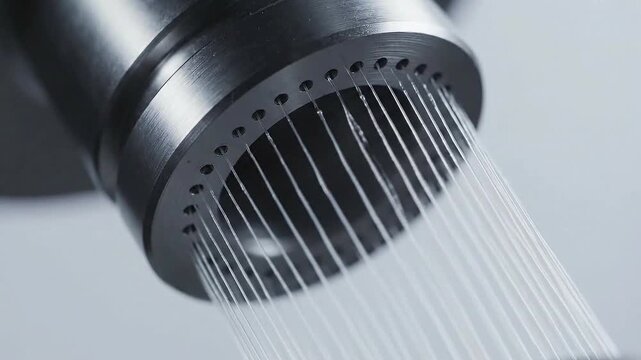 Close Up of Water Flowing Through Circular Nozzle in Silver Tone Water Jets Against Light Background Showcasing Fluid Dynamics and Engineering Precision in Industrial Theme 198 Characters