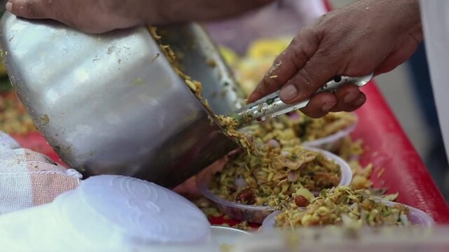 Spicy Indian snack Bhel puri. Quick Indian street food.