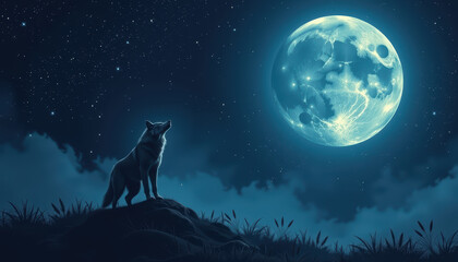 Wolf night moon glowing silhouette sky star grass cloud mysterious wild animal nature landscape dark blue full moon howl fantasy magical eerie