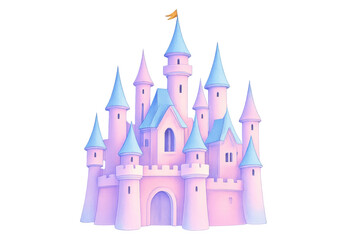 Fototapeta premium Fantasy pink castle with blue roofs on transparent background