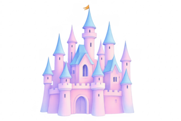 Fantasy pink castle with blue roofs on transparent background