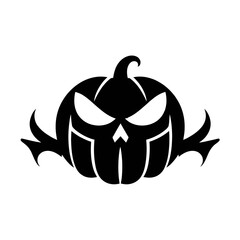 A stylized black pumpkin with a menacing face, perfect for Halloween decorations.