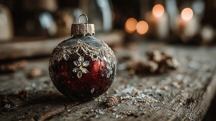 Christmas ornament on wooden surface with blurred background candles and other objects.