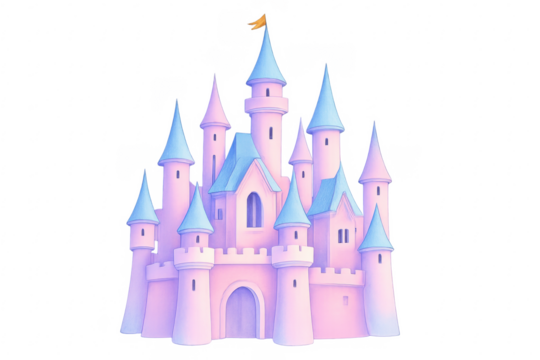 Fantasy pink castle with blue roofs on transparent background
