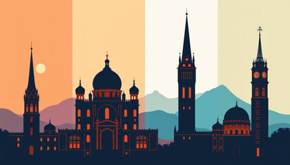 Silhouette of four landmark buildings with colorful sky and mountain background at sunset