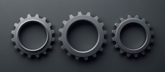 Three metallic gear wheels in minimalist style on dark background, symbol of engineering.