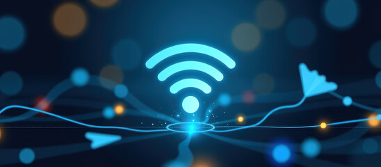 Glowing blue WiFi symbol, minimalist digital network for wireless internet and communication.