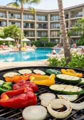 Fresh vegetables grilling on barbecue with smoke near a pool. Healthy summer food preparation outdoors for a picnic or party banner or poster.